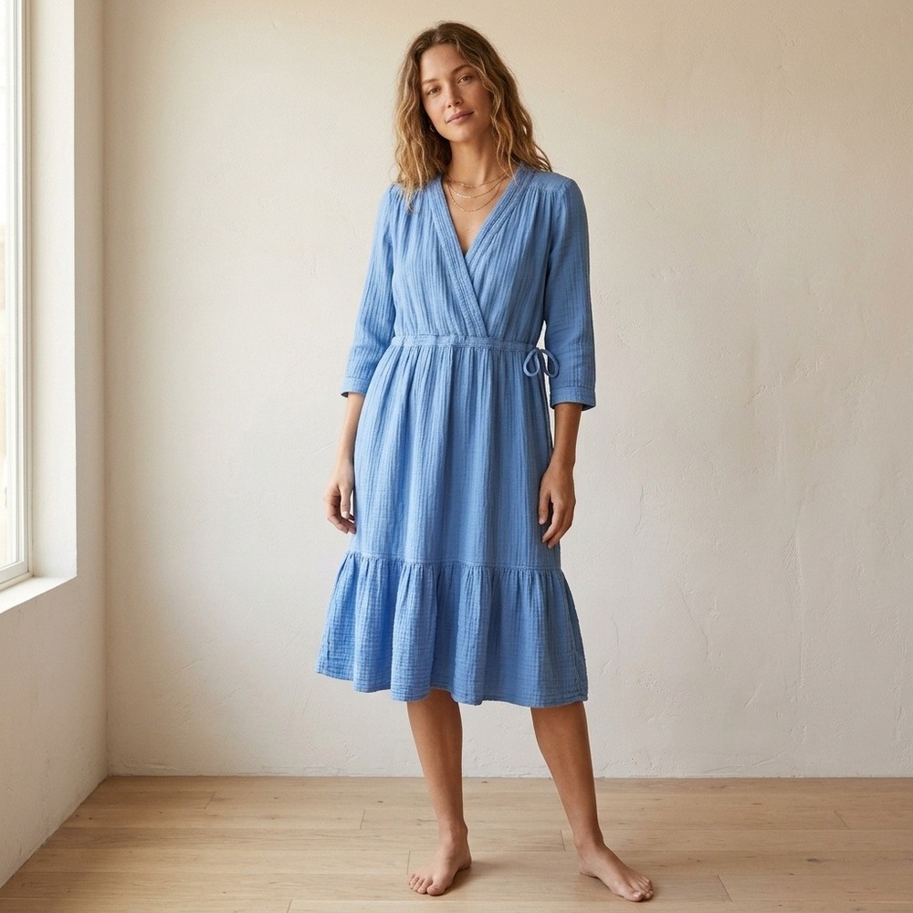 Xirena Layla Chelsea Gauze Dress Womens XS Blue V-Neck Tiered Coastal Grandma